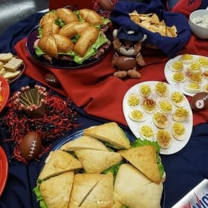 catering spread of sandwiches and deviled eggs